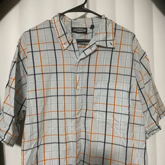 Burnside coral/grey/blue plaid button up - Picture 2 of 6